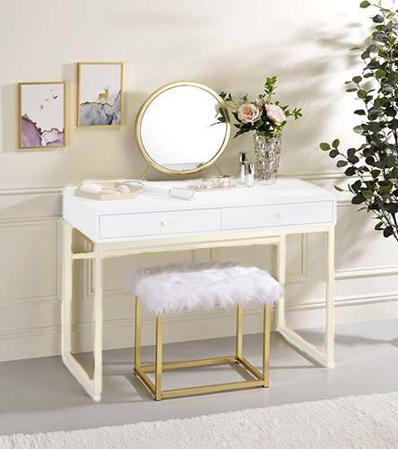 Adao - Vanity Mirror & Stool - Faux Fur, Mirror, White & Brass