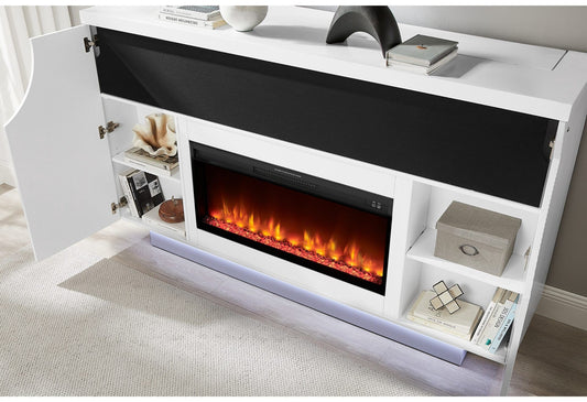 Aveena - 76" Entertainment Unit With TV, LED, Speakers, Crystal Inserts And Pop Up Center Doors - White