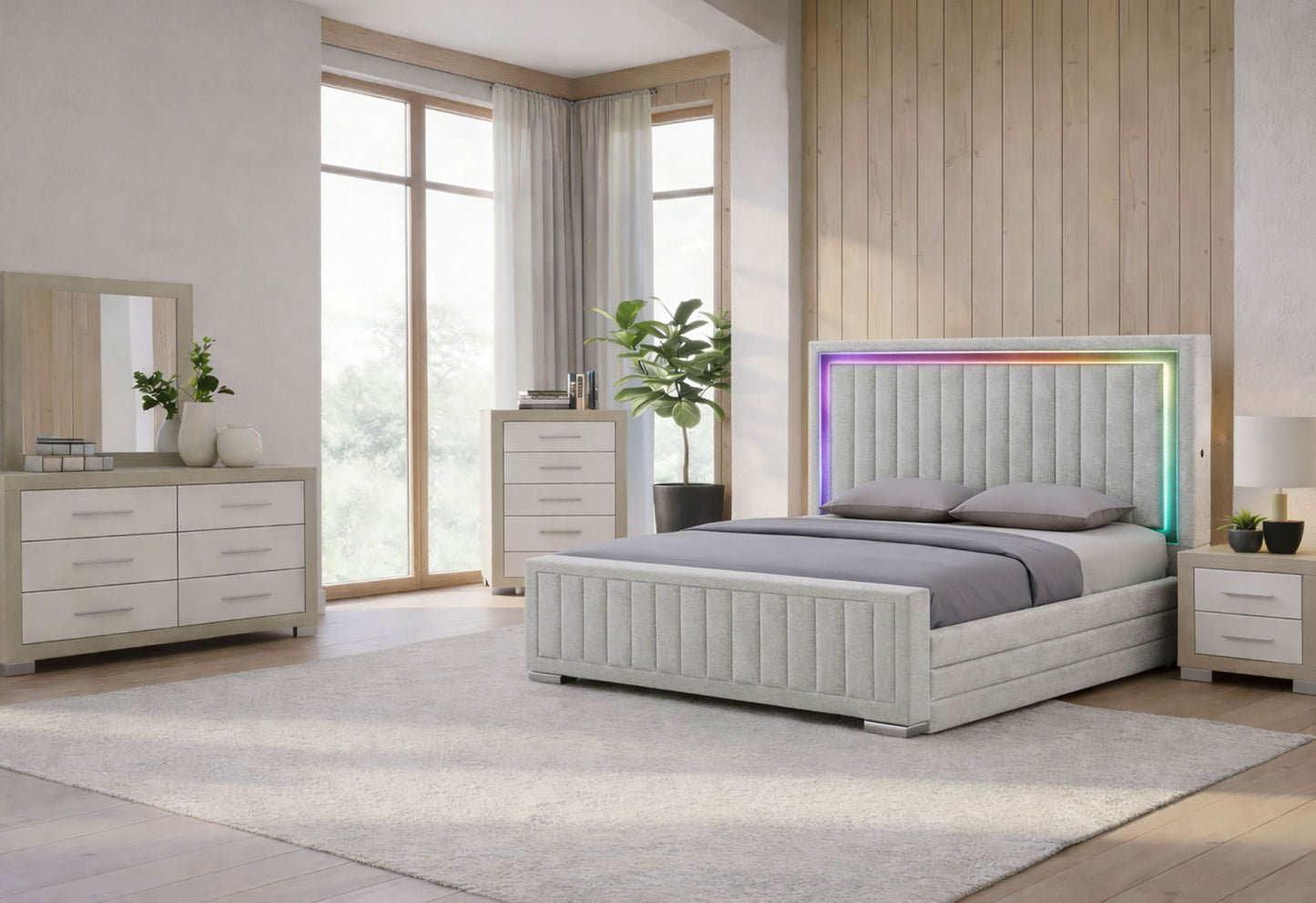 Elias - 5 Piece King Bedroom Set Regular Footboard - Light Gray / Natural / White