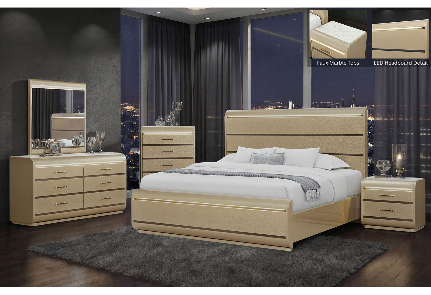 Genesis - Full Bed With LED - Gold