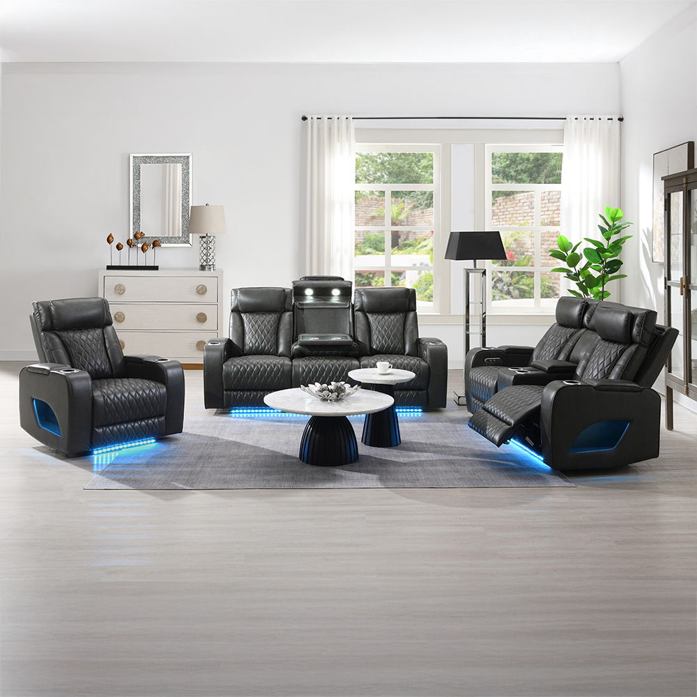 Taddeo - Power Motion Loveseat With Console, Speaker, USB, Wireless Charger & LED - Dark Gray