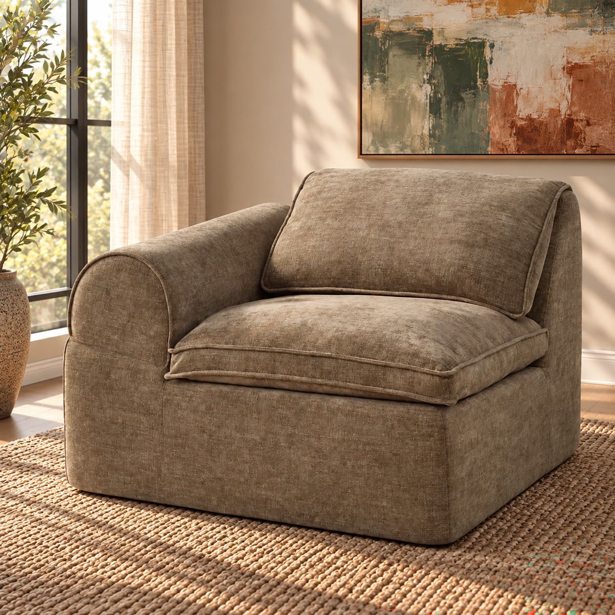 Almano - Modular Left Facing Arm Chair - Light Brown Chenille