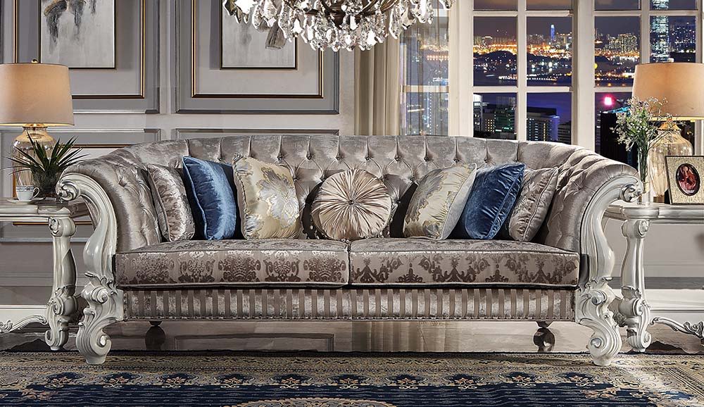 Versailles - Sofa With 7 Pillows - Ivory Fabric & Bone White