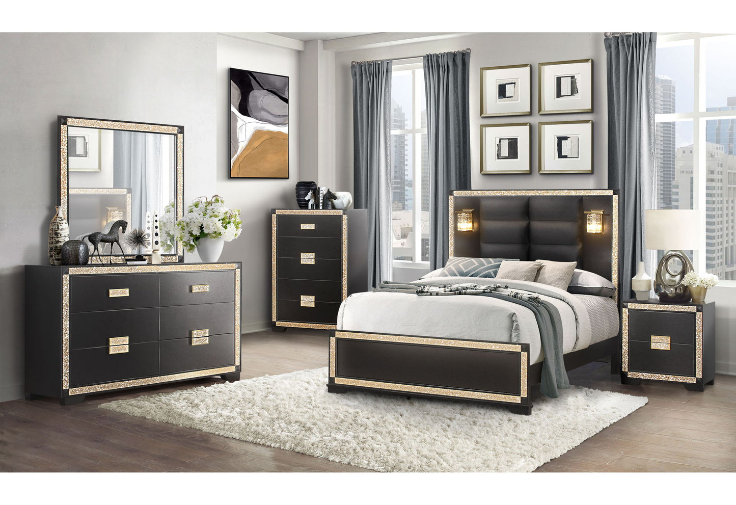 Blake - 5 Piece Bedroom Set (King Bed With Lamps, Dresser, Mirror, 2 Nightstands) - Black / Gold