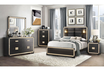 Blake - 5 Piece Bedroom Set (King Bed With Lamps, Dresser, Mirror, 2 Nightstands) - Black / Gold
