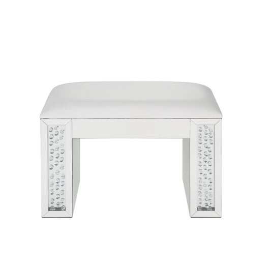 Nysa - Vanity Stool - Ivory Synthetic Leather , Mirrored & Faux Crystals